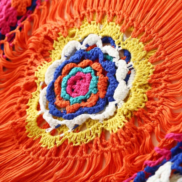 018 Boho Multicolor Orange Floral Crochet Swim Cover up - Picture 7 of 8